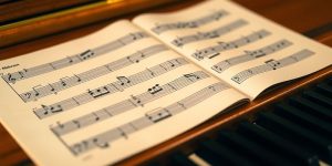 Sheet music and piano keys for music theory beginners.