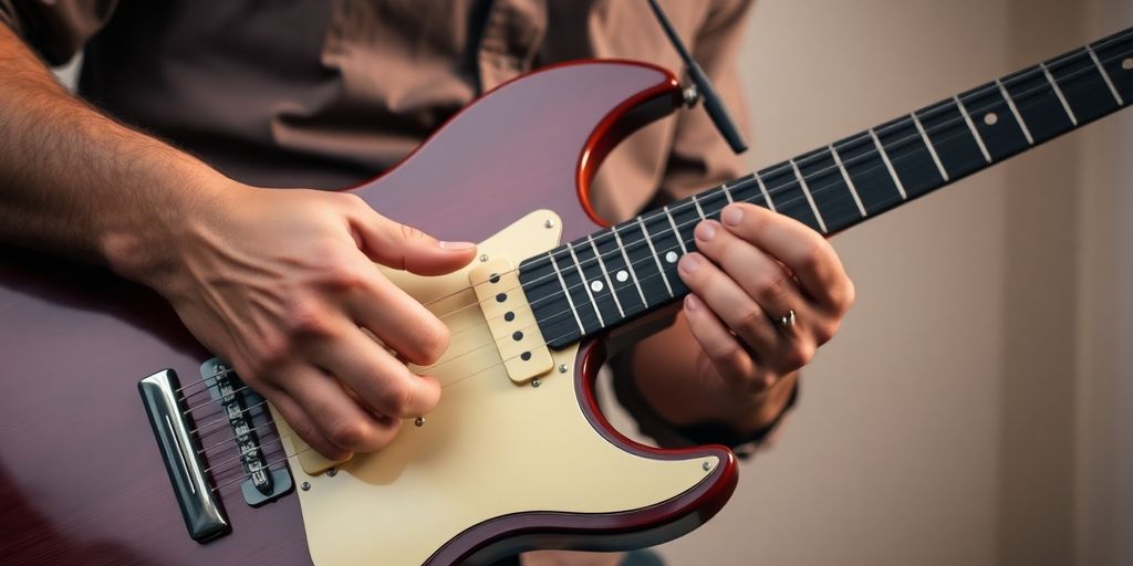 Close-up of hands playing guitar confidently.