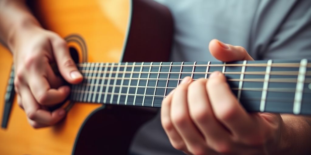 Guitarist's hands playing scales on an acoustic guitar.
