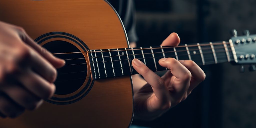 Guitarist's hands playing an acoustic guitar close-up.