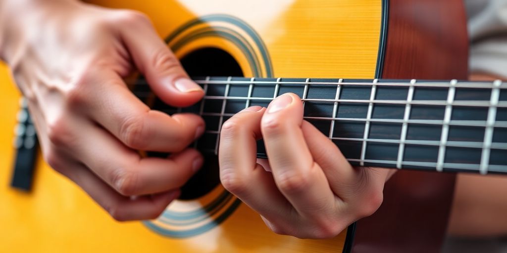 Guitarist finger picking strings on an acoustic guitar.