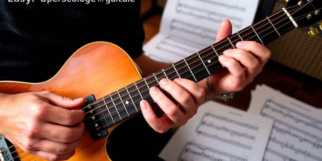 Guitarist strumming chords with sheet music nearby.