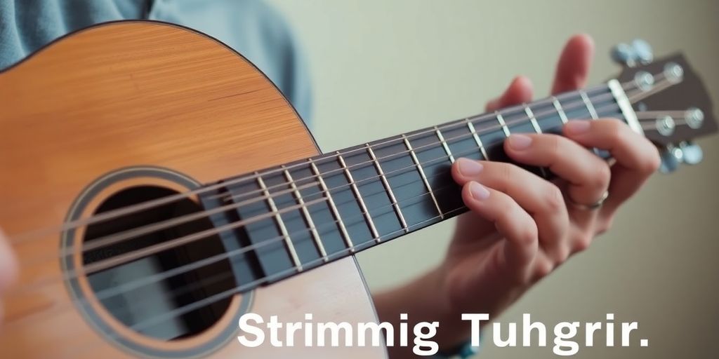 Close-up of hand strumming guitar strings.
