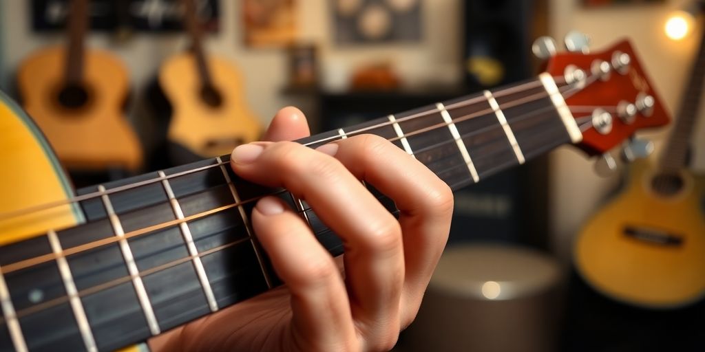 Hand playing basic guitar chords on a wooden guitar.